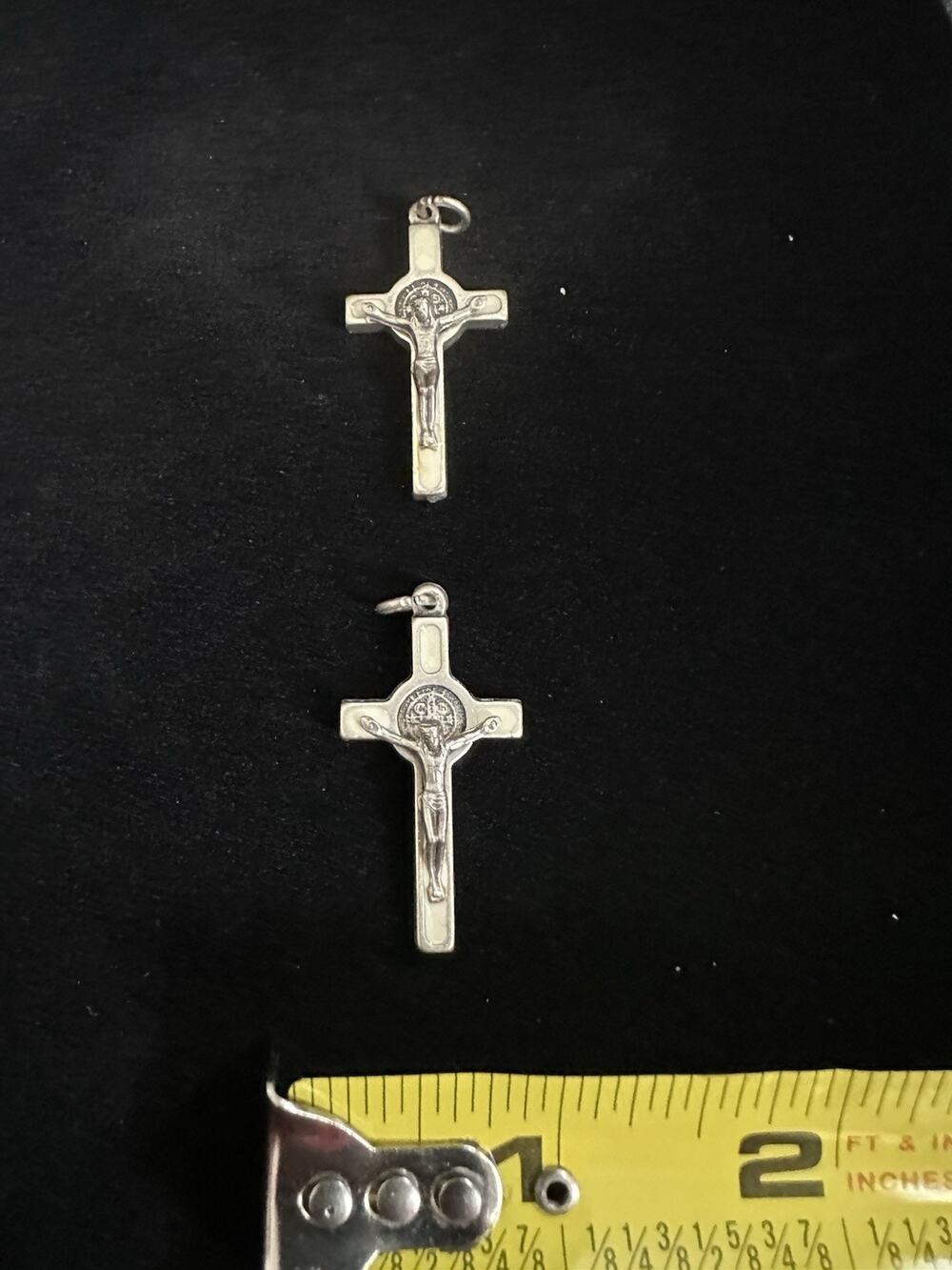 Pair Saint Benedict Crucifix Pendants Silver Tone Cream Enamel Catholic Cross